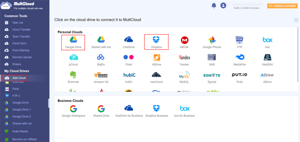 Connect your Google Drive and Dropbox accounts Using MultCloud