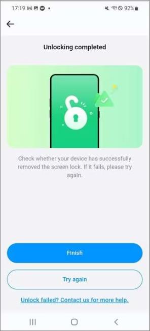 click finish to complete unlocking process